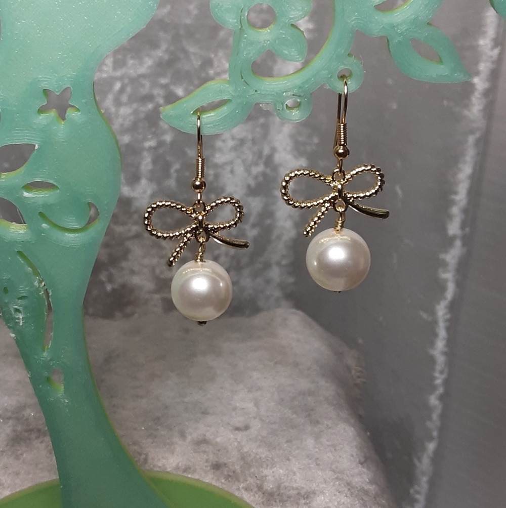 Handmade Bow and Faux Pearl Earrings